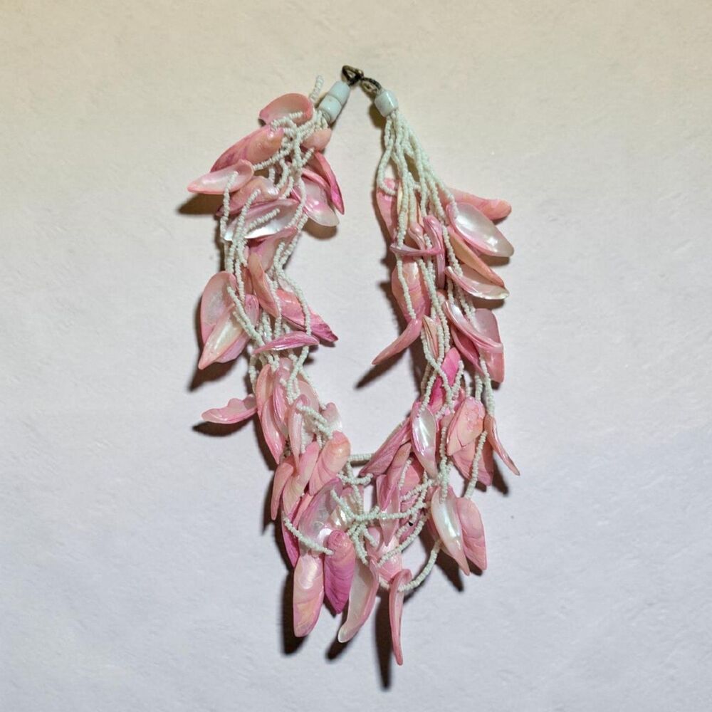 Pink Shell Statement Necklace, Layered Beaded Beach Coastal Mermaidcore Jewelry - Picture 6 of 7
